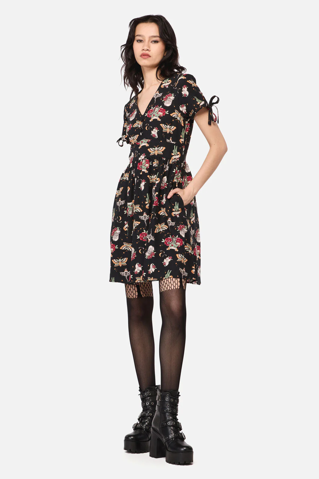 All Hallows Eve Tattoo Print Short Sleeve Dress - Image 3