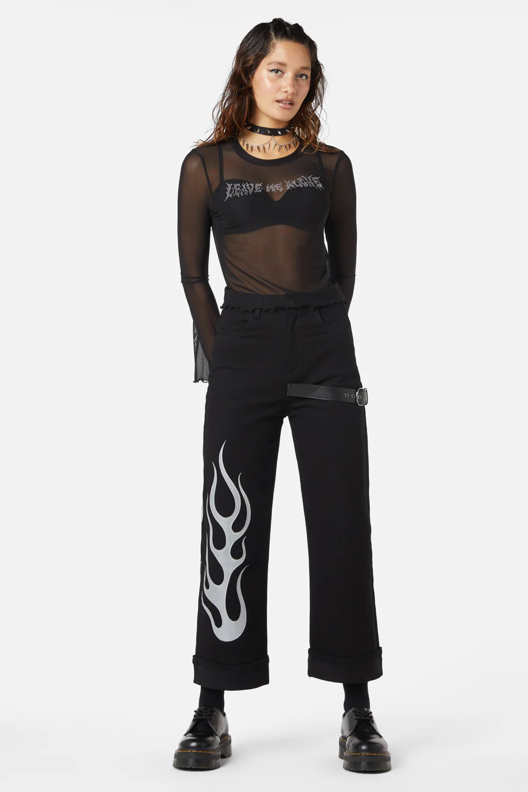 Diamante Leave Me Alone Mesh Flare Sleeve Top - Image 2