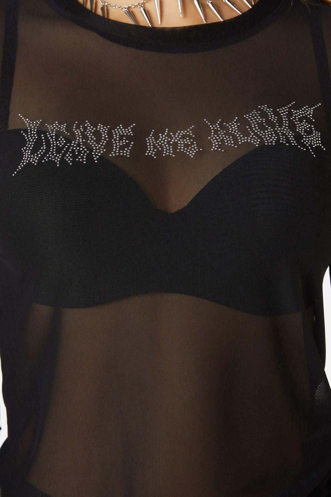 Diamante Leave Me Alone Mesh Flare Sleeve Top - Image 5