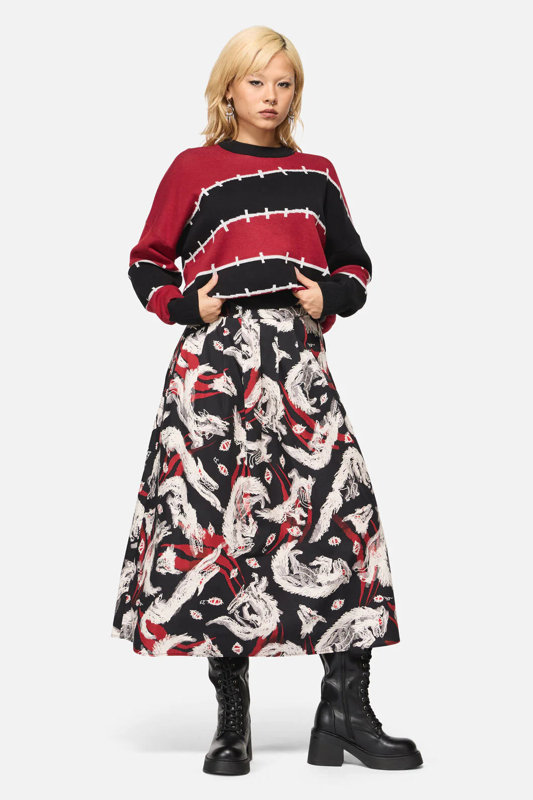Louve Print Pleated Midi Skirt