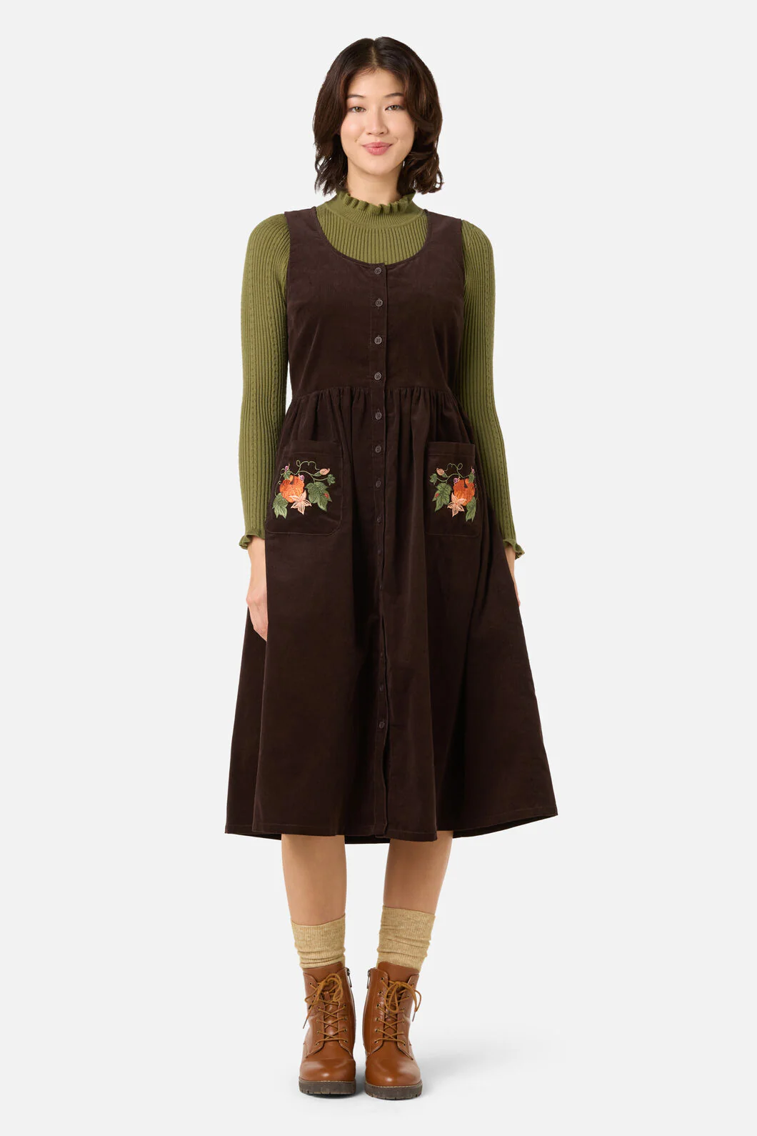 Pumpkin Embroidered Cord Dress