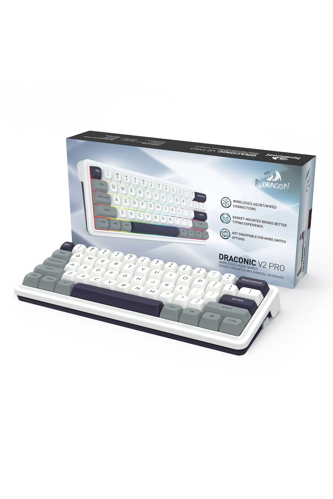 Redragon K730WGP RGB Pro Draconic V2 Grey 60% Gasket Wireless Mechanical Keyboard - Image 10