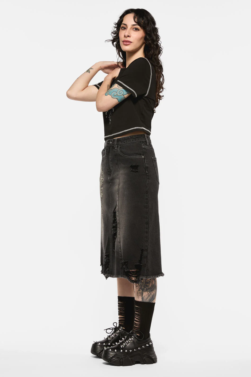 Sigil Distressed Denim Midi Skirt - Image 3