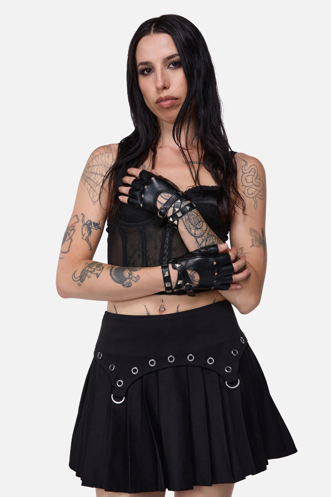Stud Faux Leather Fingerless Glove