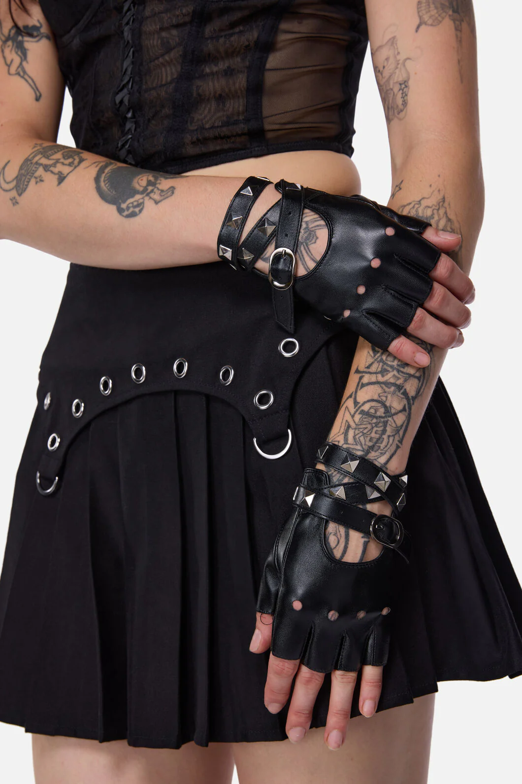 Stud Faux Leather Fingerless Glove - Image 2