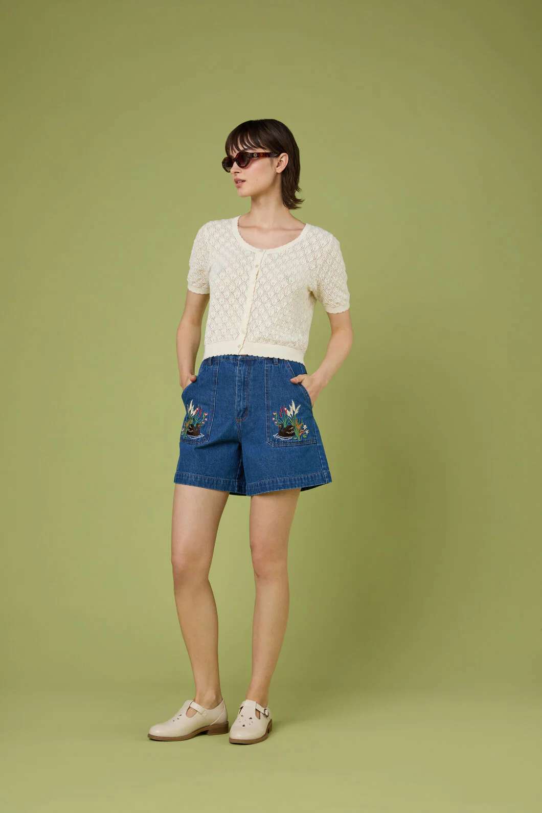 Swan Embroidered Denim Short - Image 3